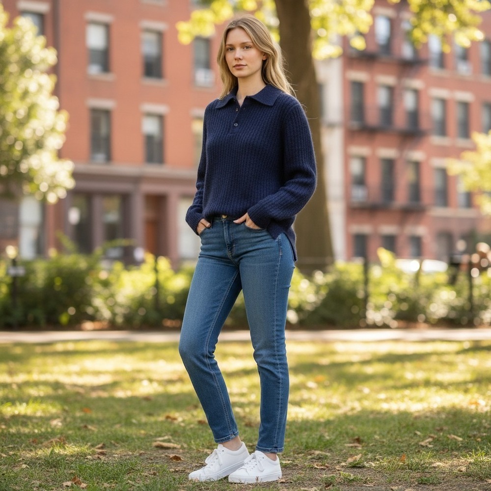 Guest in Residence 100% Cashmere Ribbed Polo Sweater Navy Blue XL Gigi Hadid